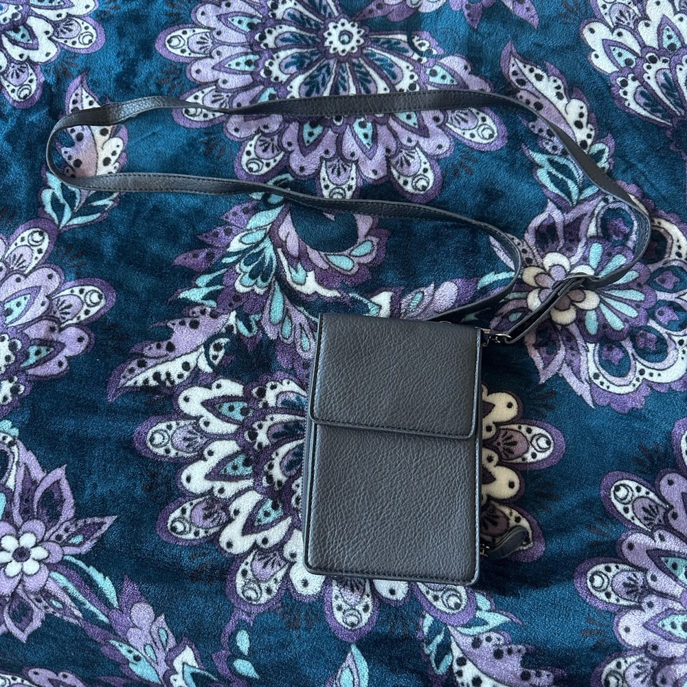 Black Leather Crossbody Bag, Small, Multi-Pocket